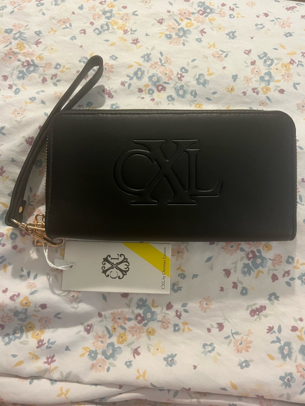 NWT CXL by Christian Lacroix Black Embossed Logo Zip Around Wristlet Wallet